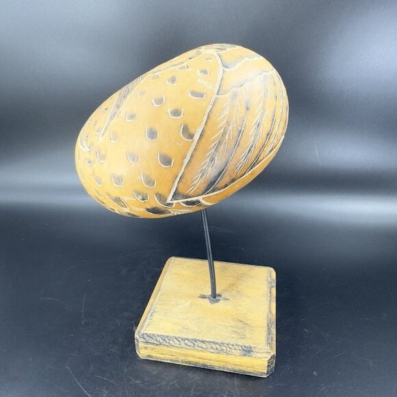 Peruvian Hand Carved Gourd On Wood Stand Leoncio Veli Peru Hand Made Sculpture - Picture 16 of 16